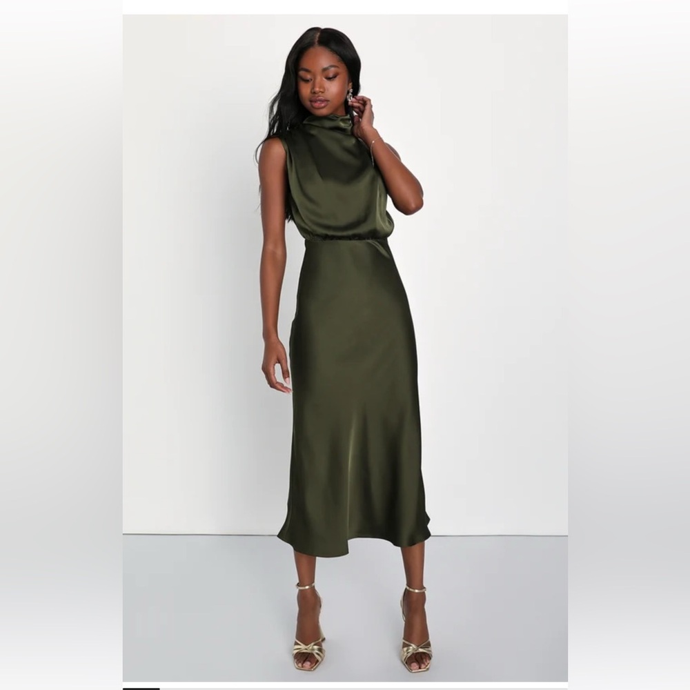 Elegant Olive Green Satin Dress